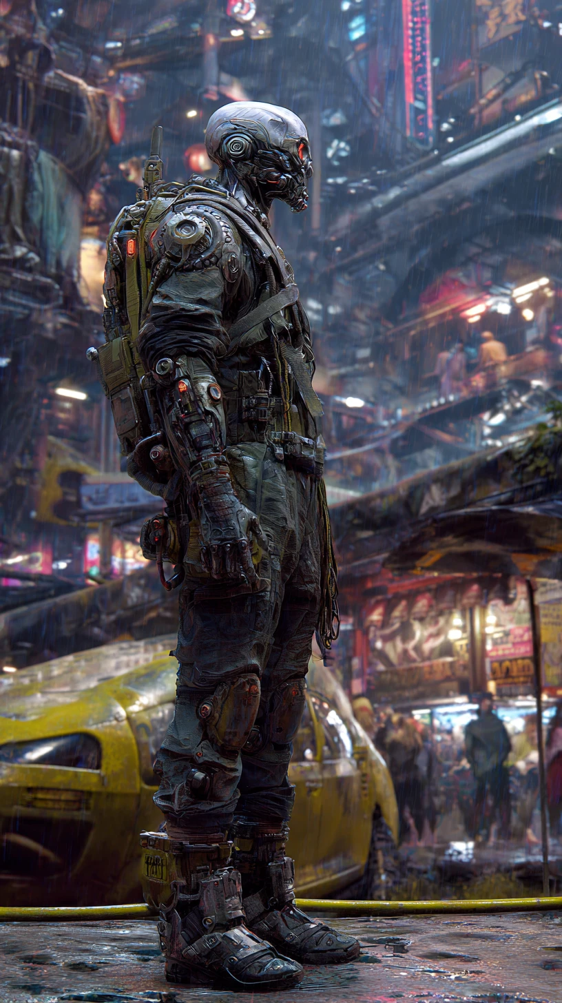 Menacing cyborg in heavy armor in a dark cyberpunk world