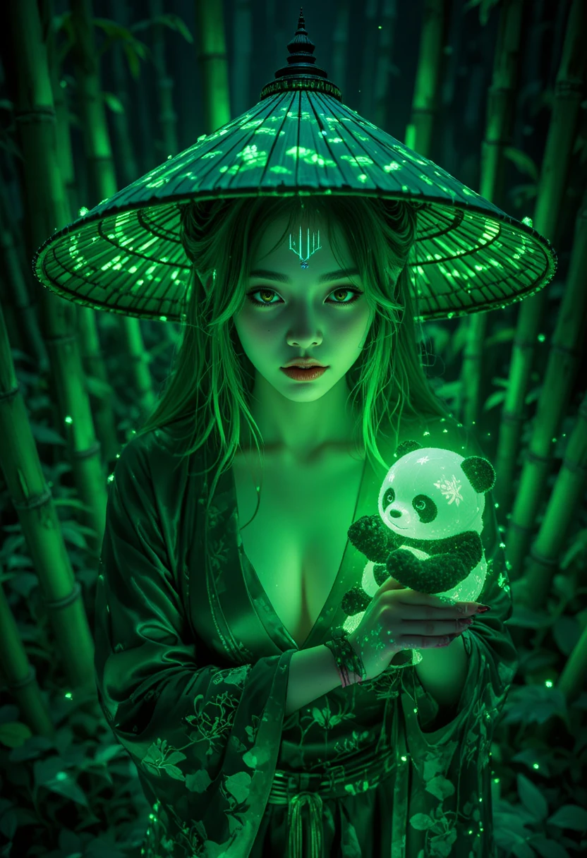 Green haired woman in bamboo forest with glowing panda