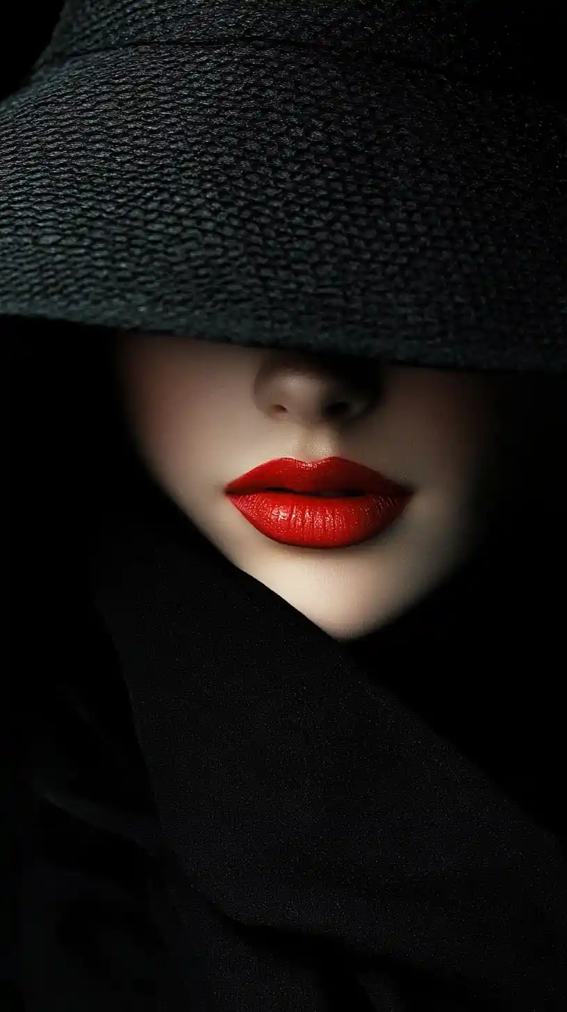 Mysterious woman in shadow with red lipstick portrait