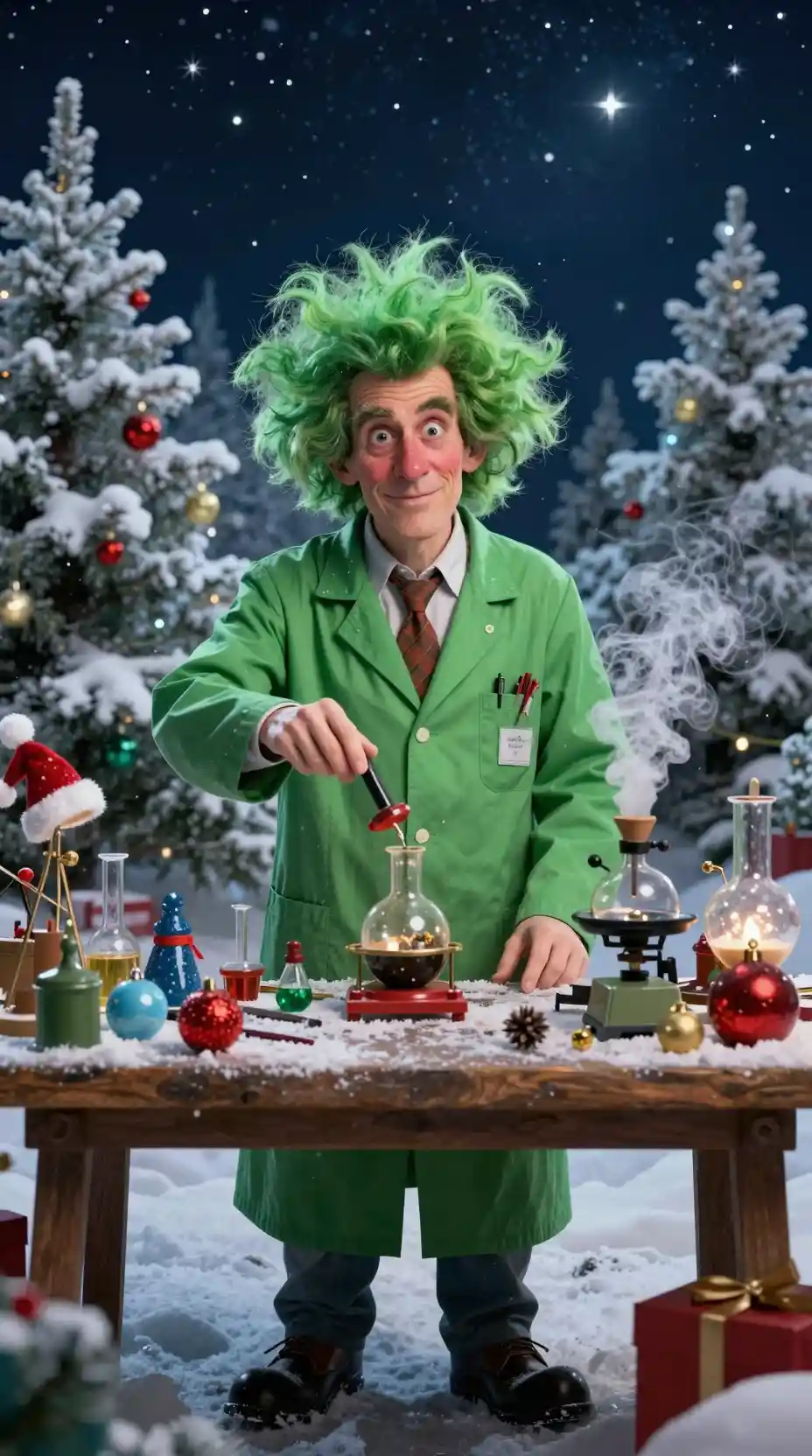 Eccentric Christmas Scientist In A Snowy Forest Lab