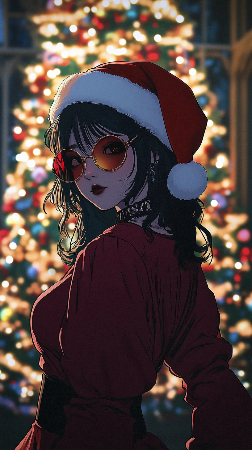 Anime goth girl santa with sunglasses by a dark christmas tree