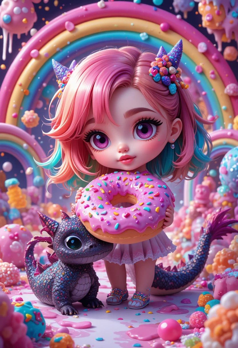 Chibi girl with rainbow hair holding a giant pink donut