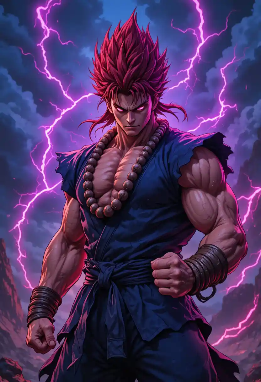 Fierce martial artist with red hair in stormy mountain battle