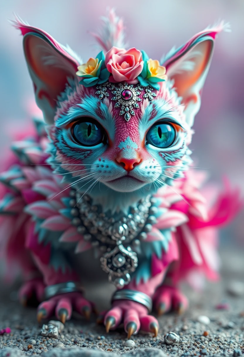 Mystical cat raptor hybrid with pastel feathers and jewels