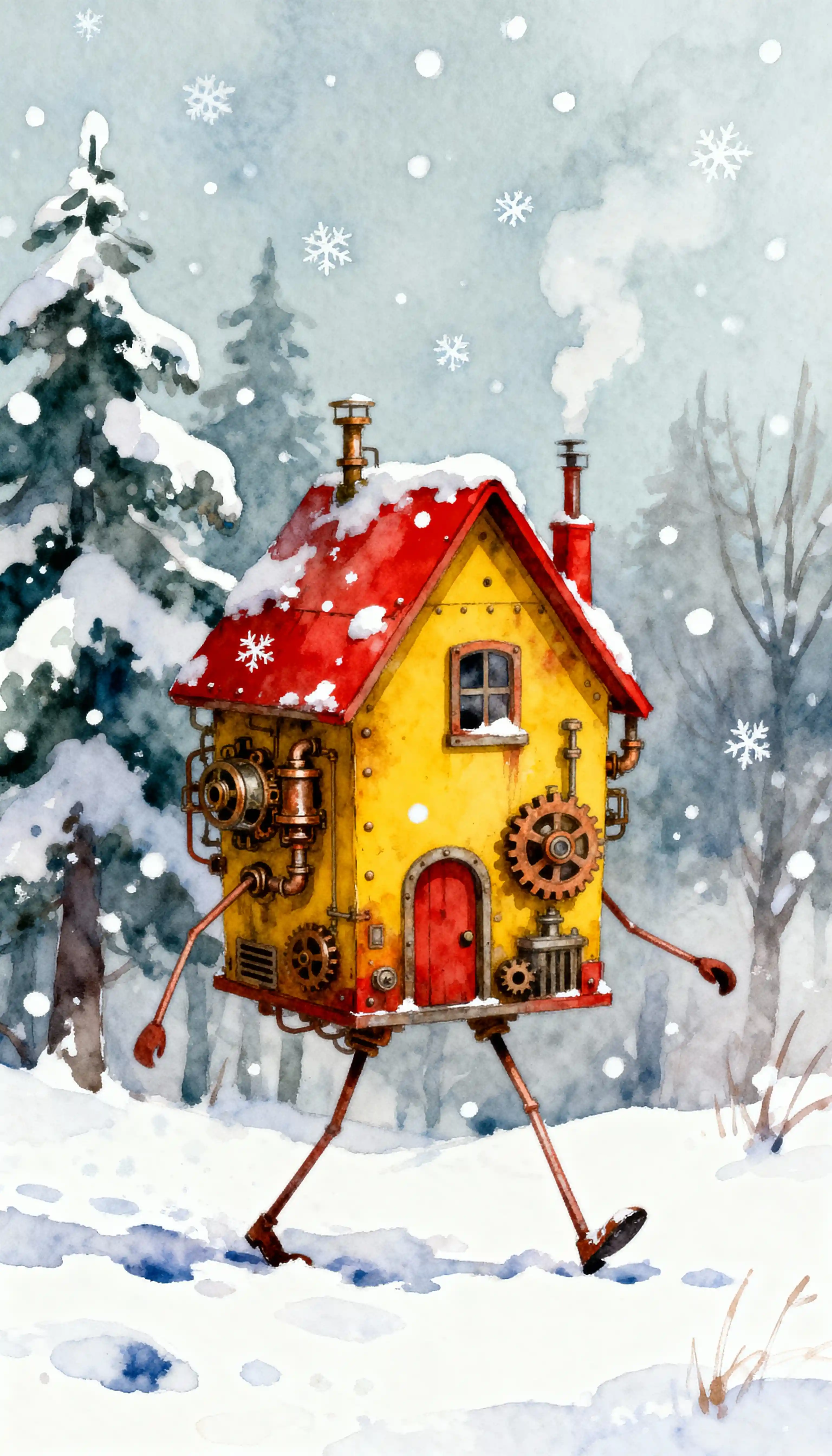 Whimsical steampunk house walking through a snowy forest