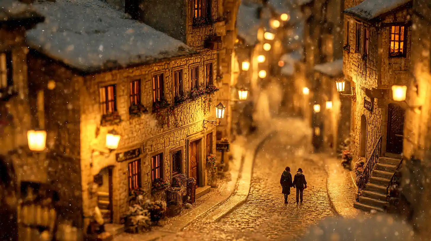 Snowy medieval town at night with romantic street walk