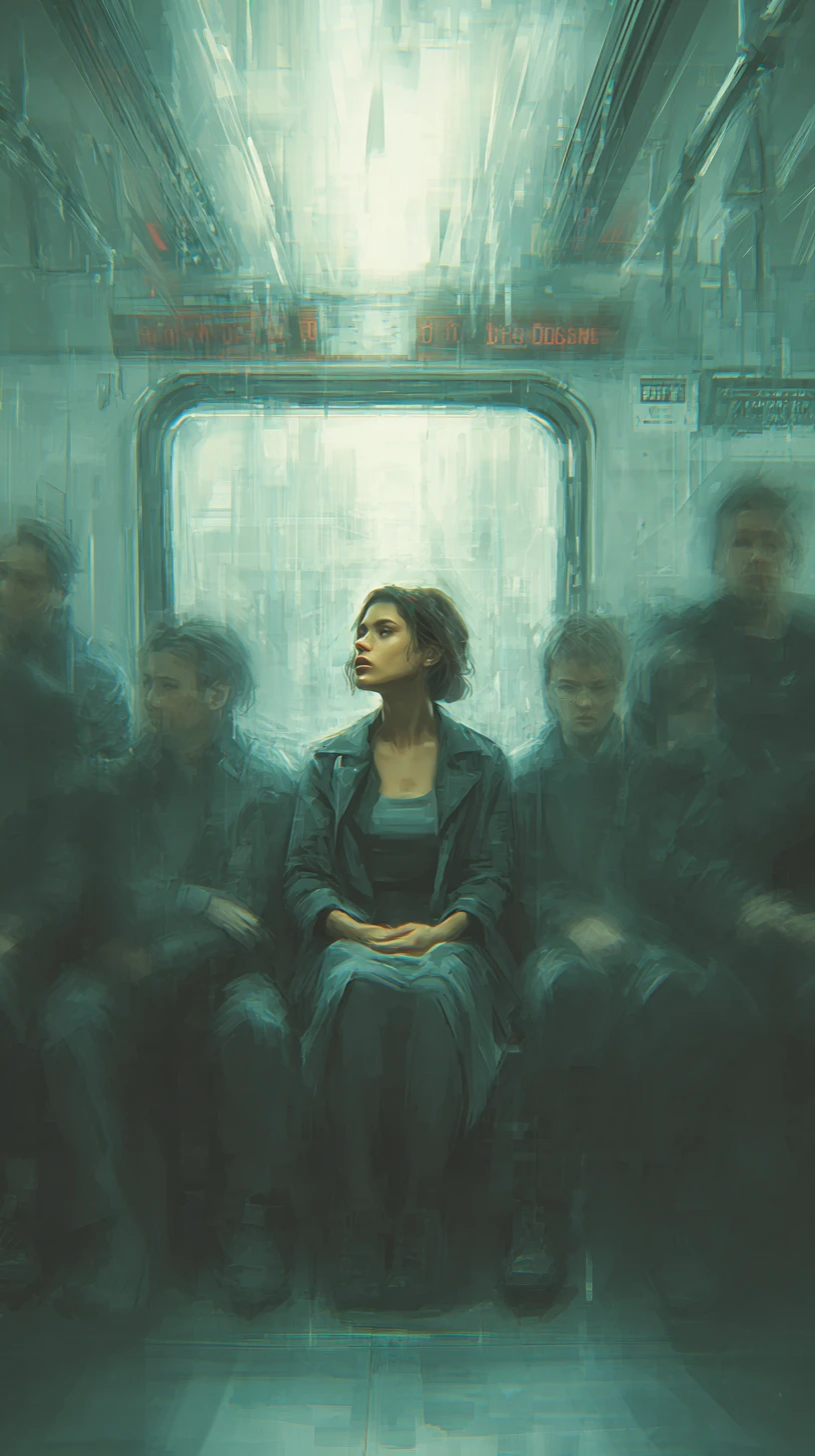 Calm woman sitting still on a busy subway train
