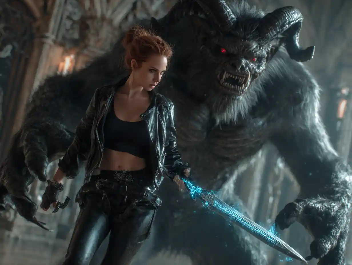 Warrior woman battling a shadow demon in gothic interior