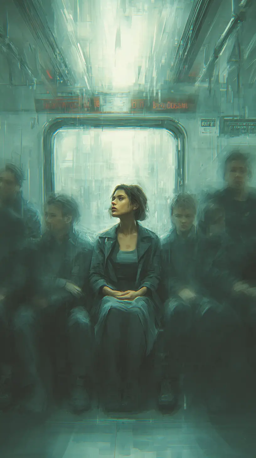 Calm woman sitting still on a busy subway train