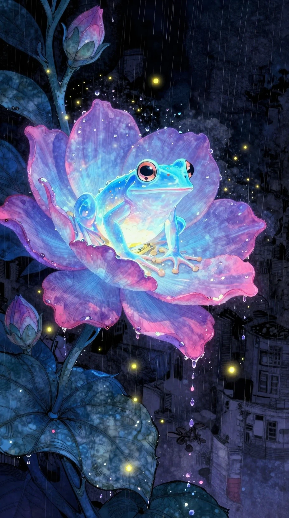 Glowing bioluminescent frog nestled in luminous night flora