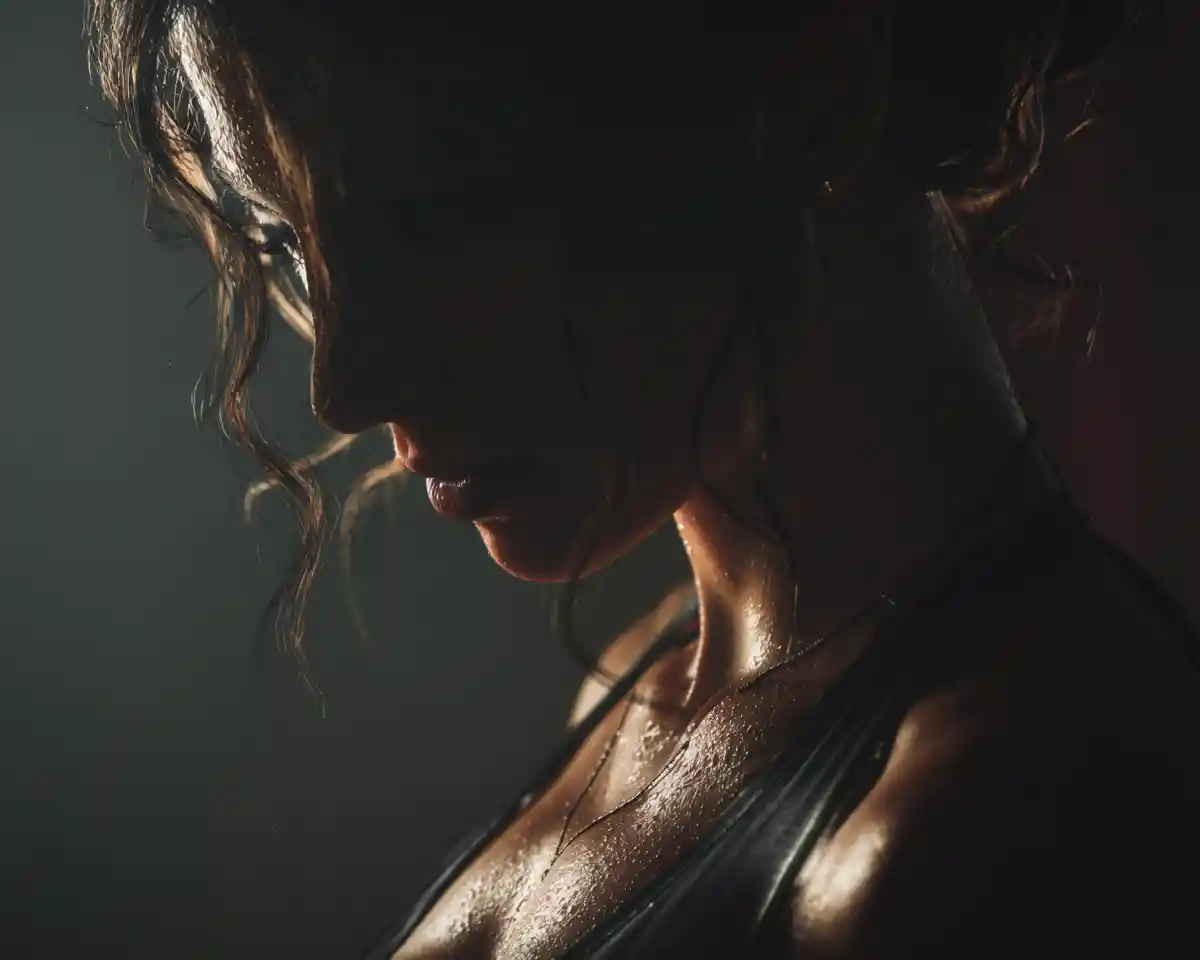 Cinematic side view of a woman in a moody fantasy scene