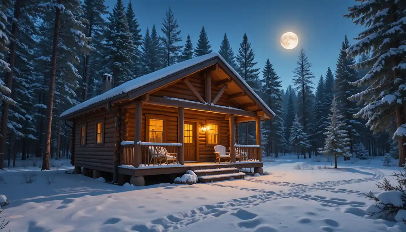 Acogedora cabaña de madera que brilla suavemente en una noche nevada en el bosque