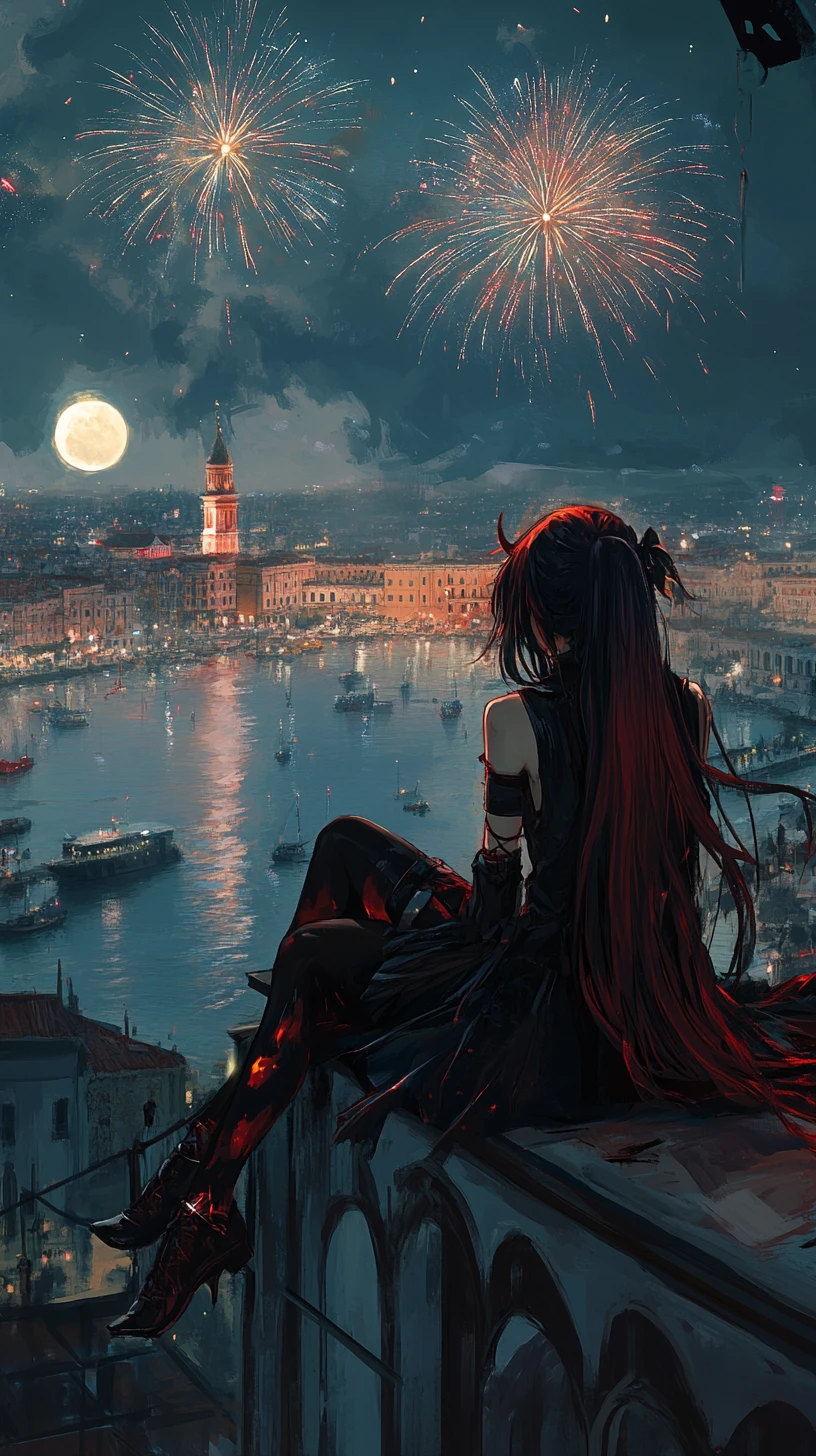 Sad girl on a mansion rooftop watching city fireworks