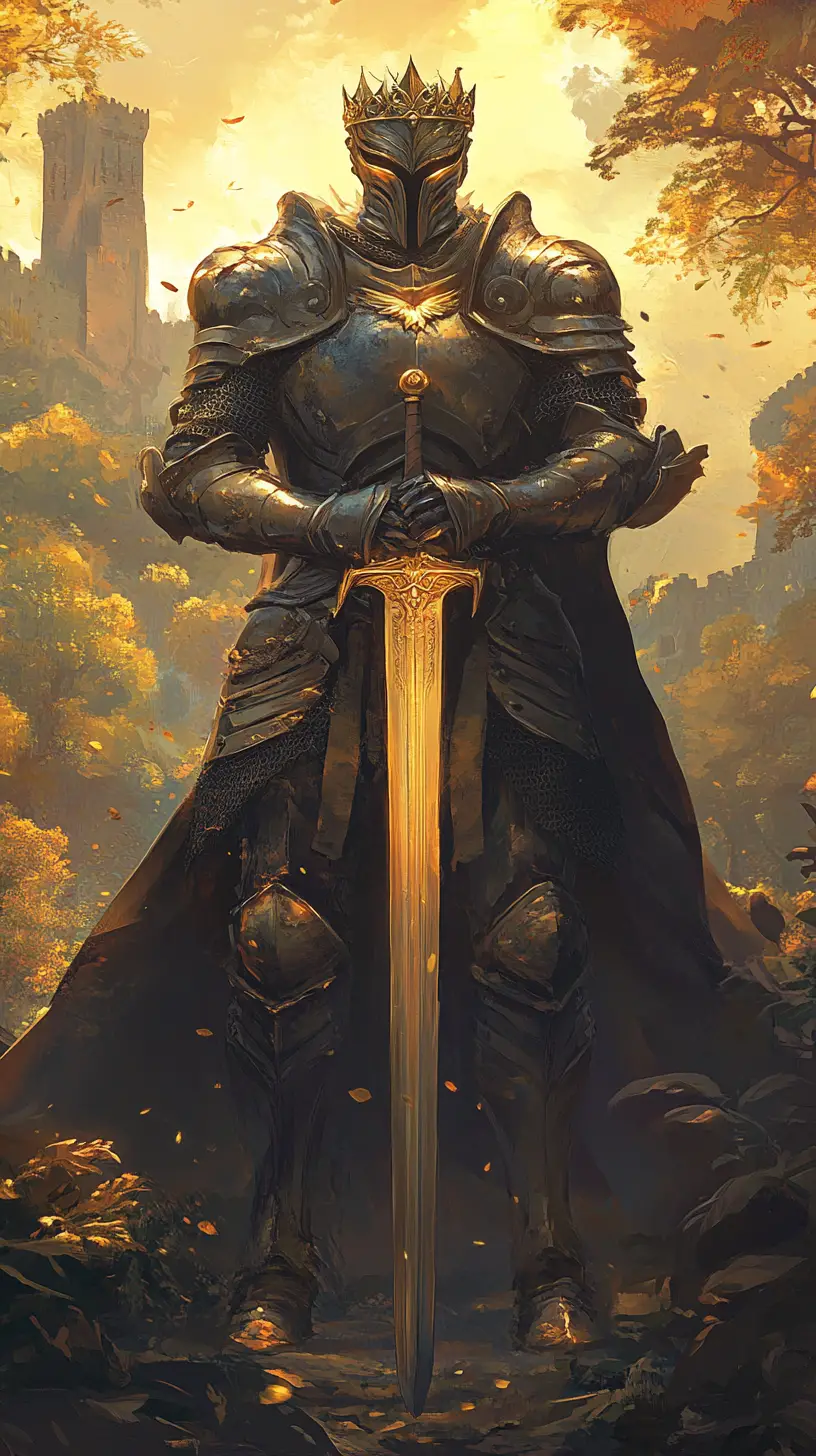 Majestic fantasy knight in a golden anime landscape