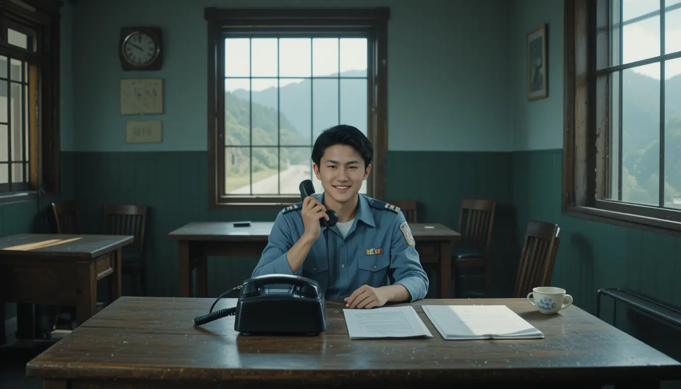 Young man on the phone in a rural Taiwan police station