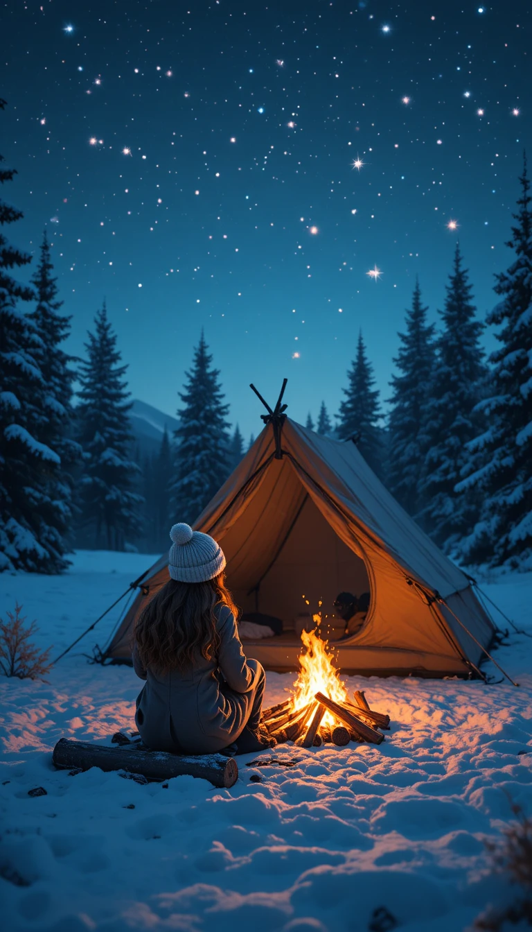 Girl camping by a warm fire on a starry winter night