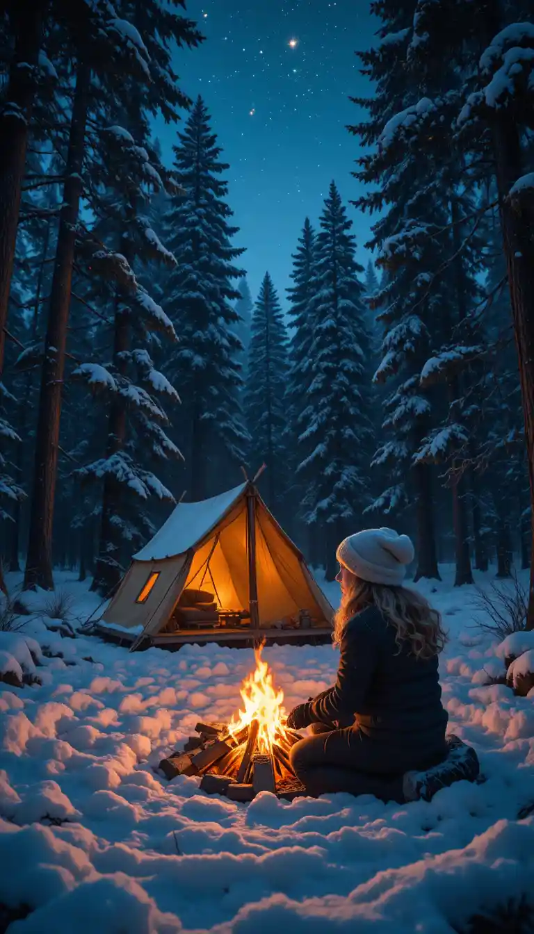 Ragazza accanto a un falò invernale in una silenziosa foresta innevata