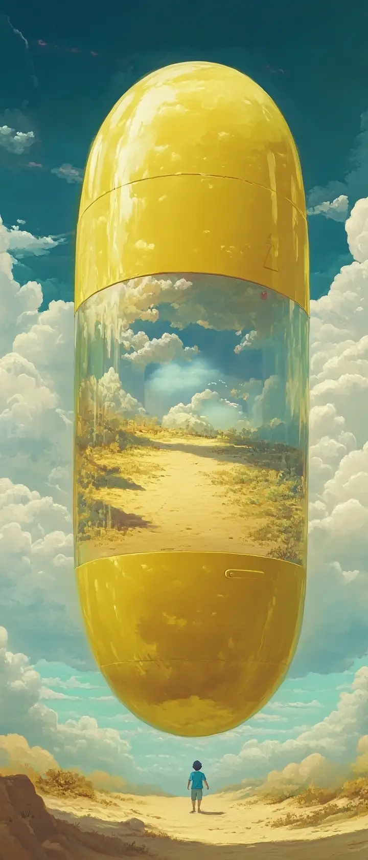Surreal yellow pill capsule floating above a calm path