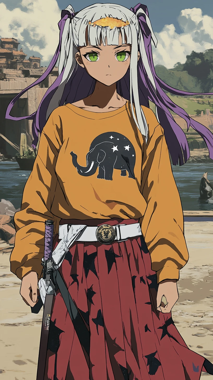 拿著武士刀走在寧靜河岸上的動漫少女