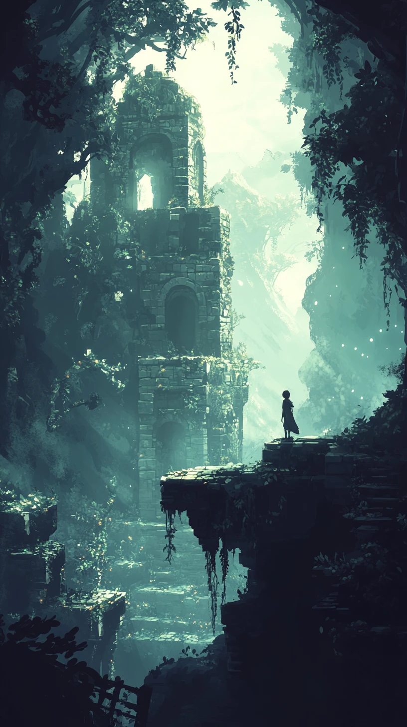 Giovane eroe in una cupa città fantasy dall’atmosfera intensa