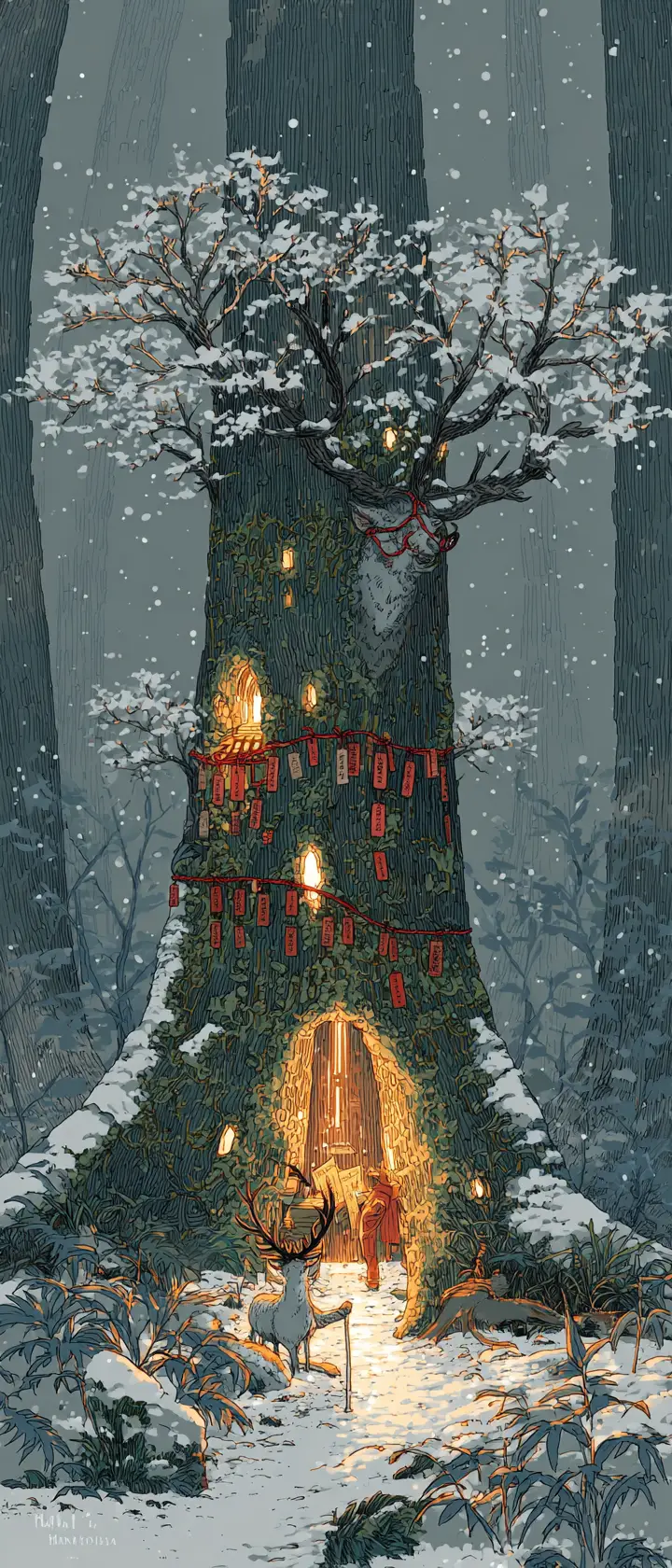 Ancient hollow tree sanctuary glowing in a snowy forest