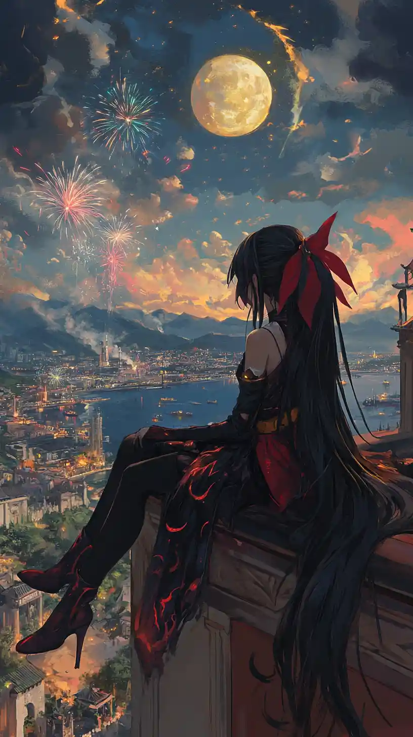 Sad girl on a mansion rooftop watching city fireworks