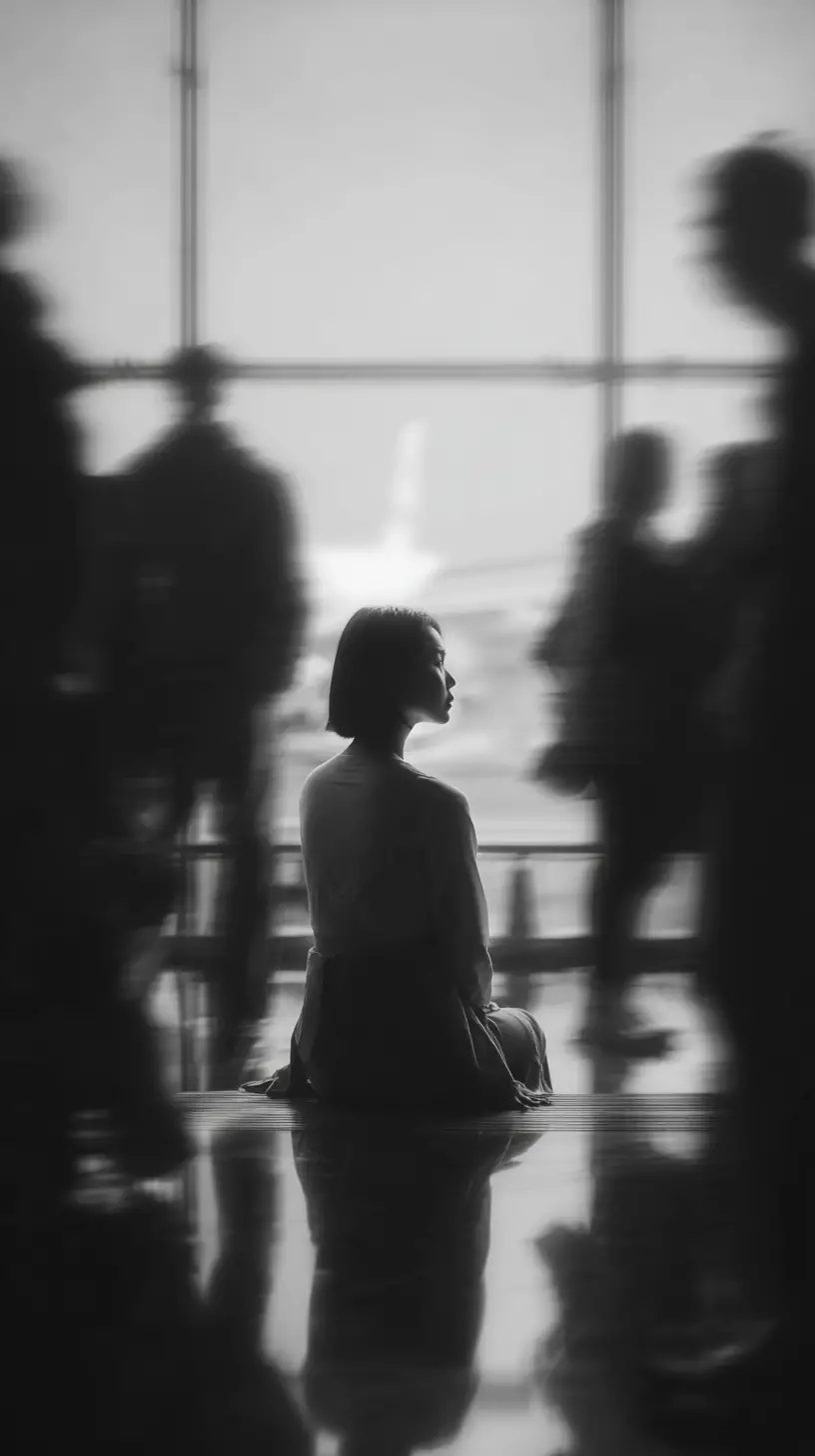 Asian woman sitting calmly in busy airport terminal