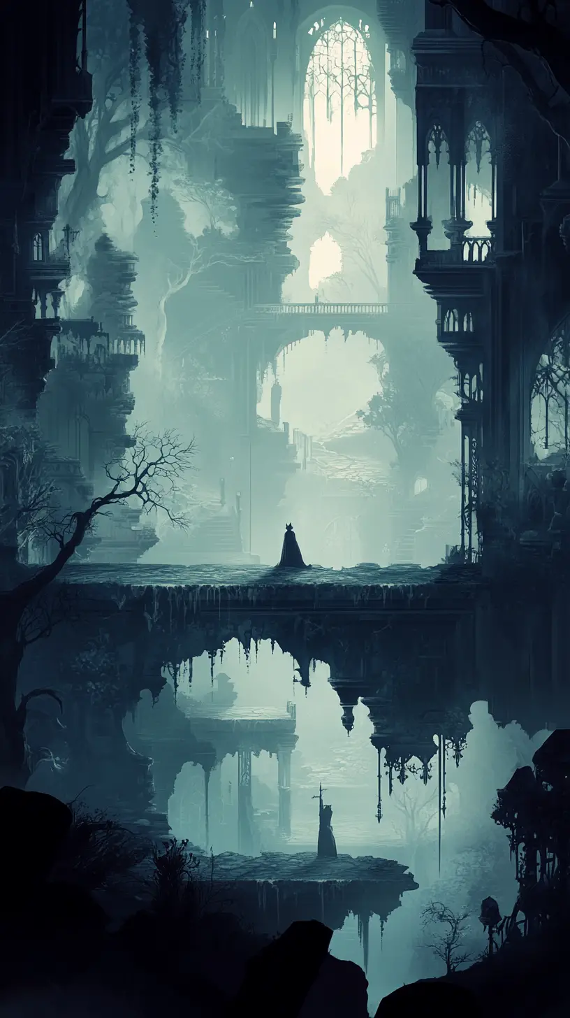 Young hero in a dark fantasy city of twisted spirits