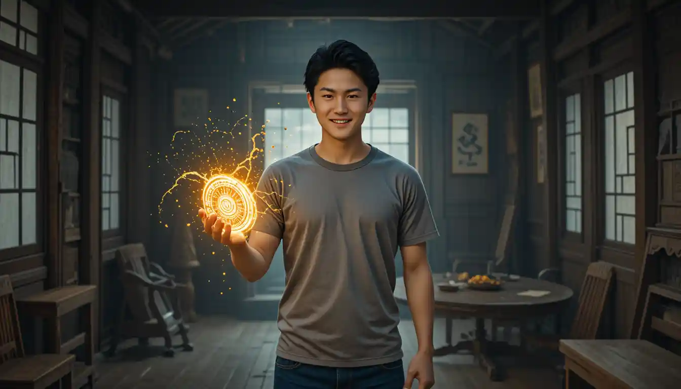 Man holding a glowing bracelet in a rustic taiwanese room