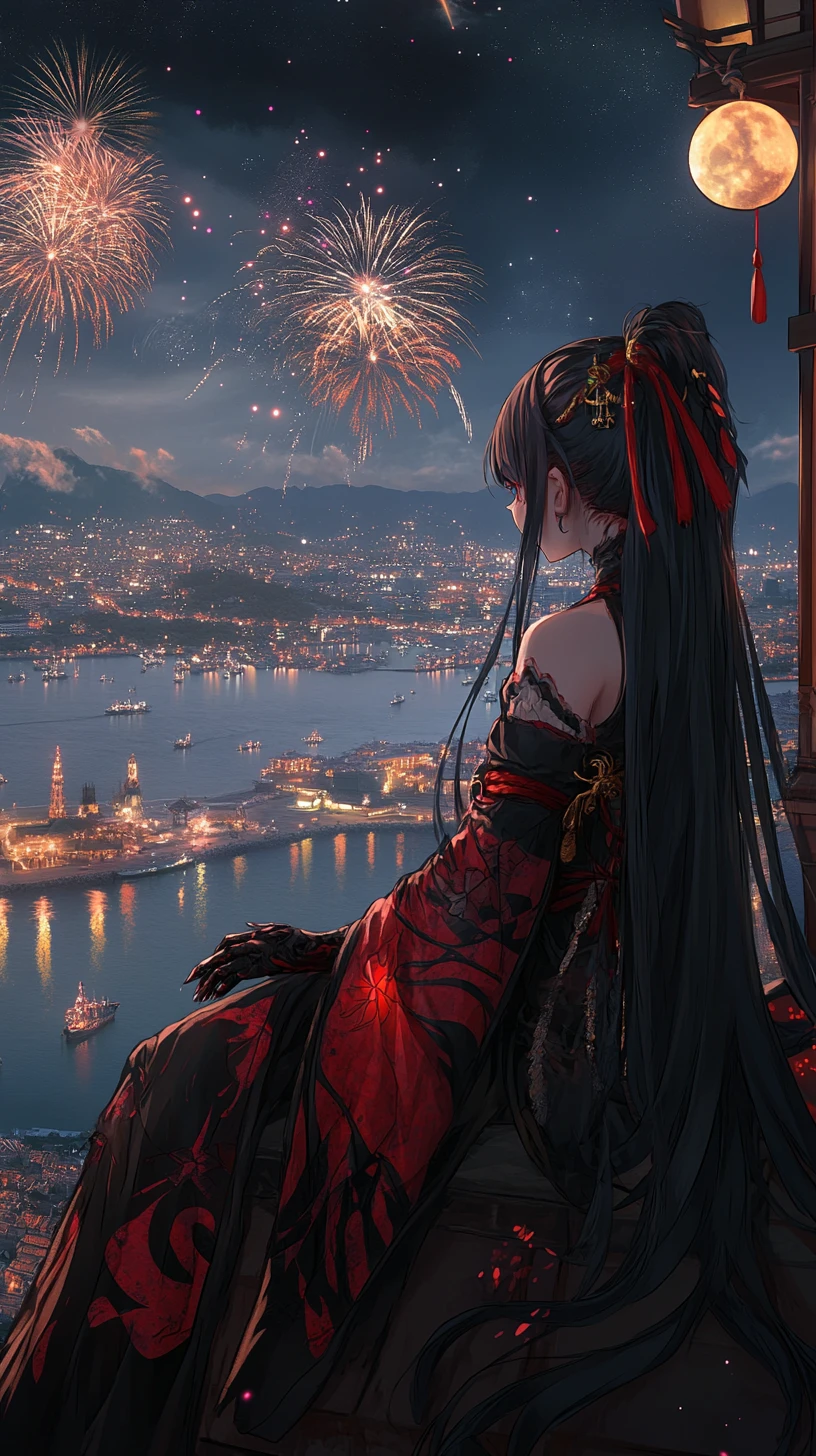 Sad girl on a mansion rooftop watching distant fireworks