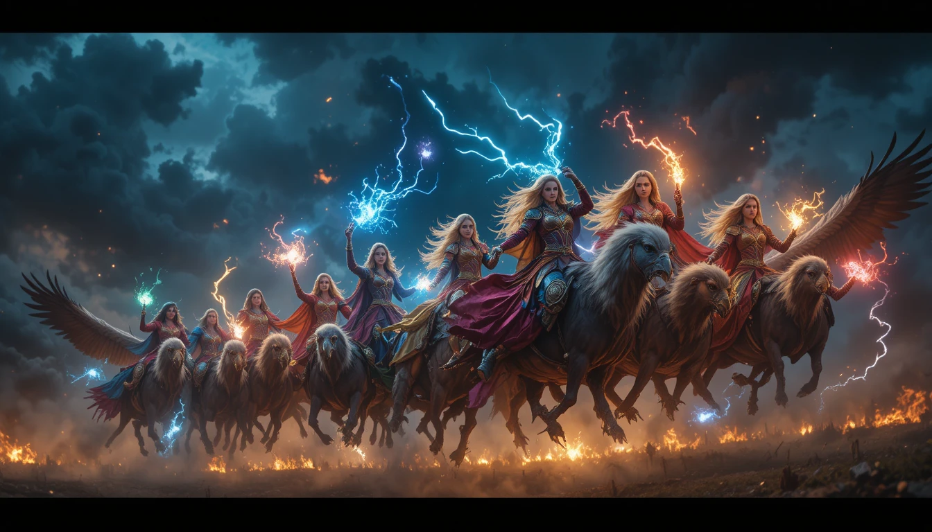 Flying warrior women casting magic through a burning sky