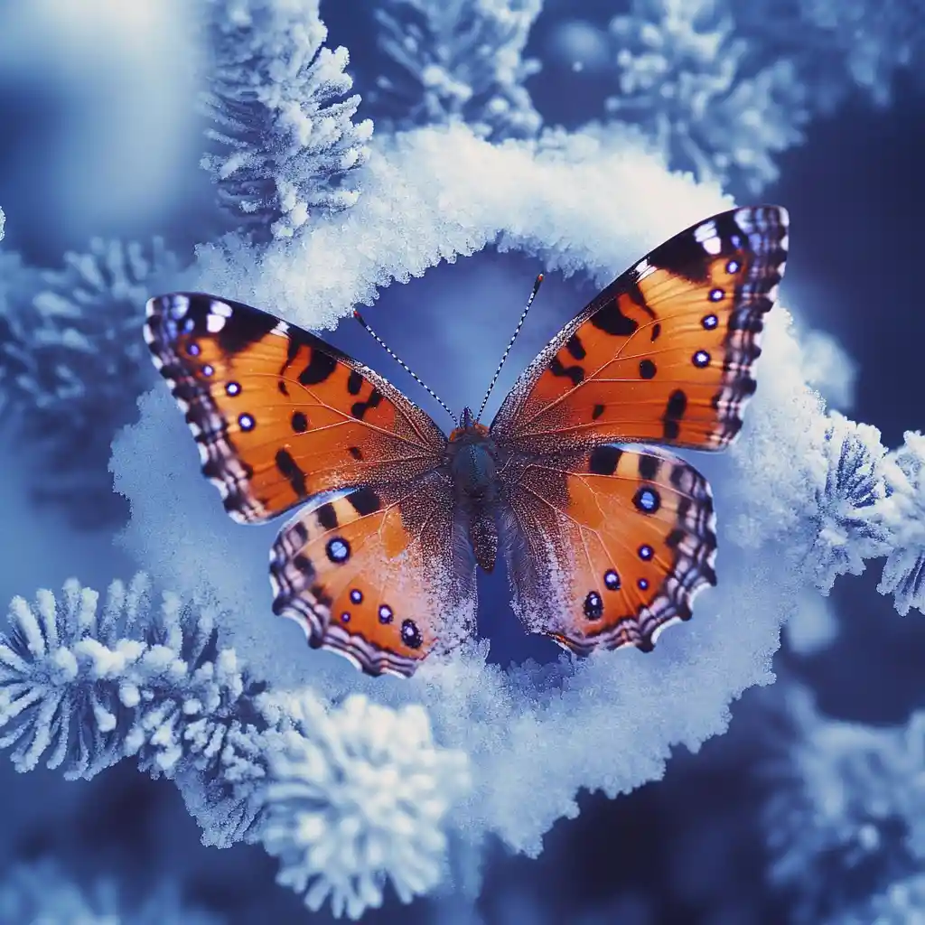 Majestic butterfly framing a serene snowy landscape