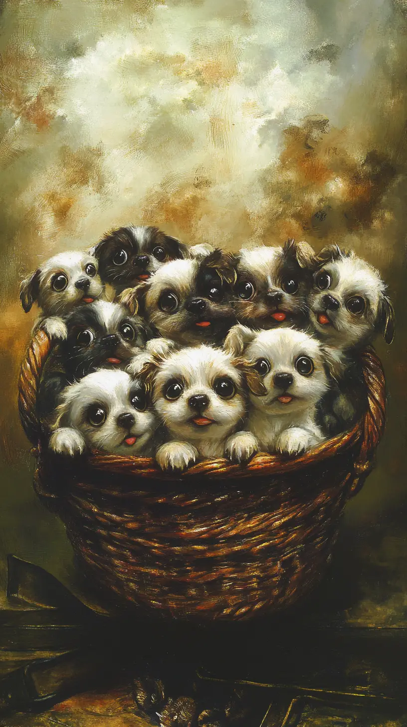 Surreal basket of puppies with shimmering abstract backlight