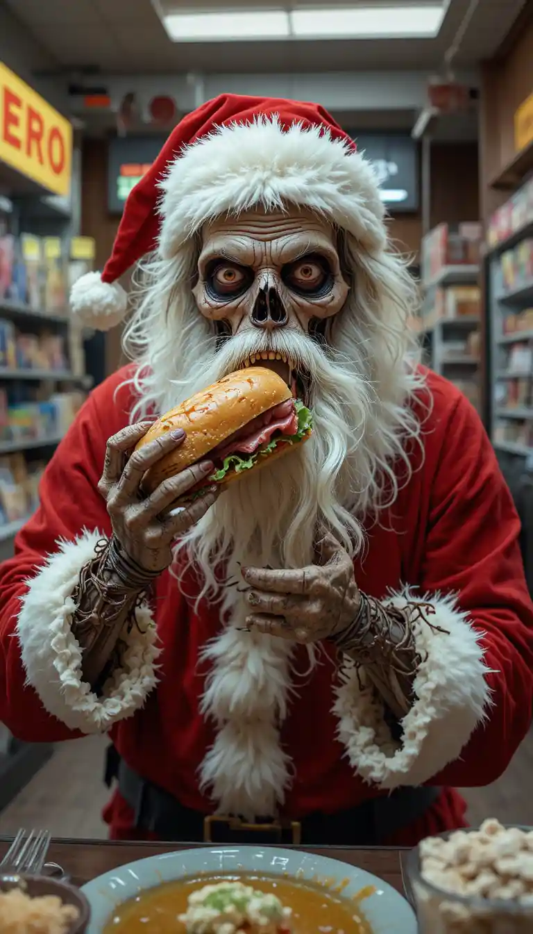 Zombie Santa eating a sub sandwich in a busy hero shop