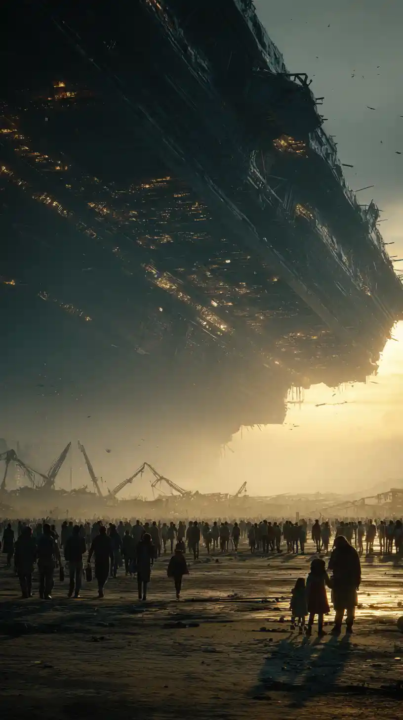 Futuristic ark spaceship towers over ruined earth cityscape