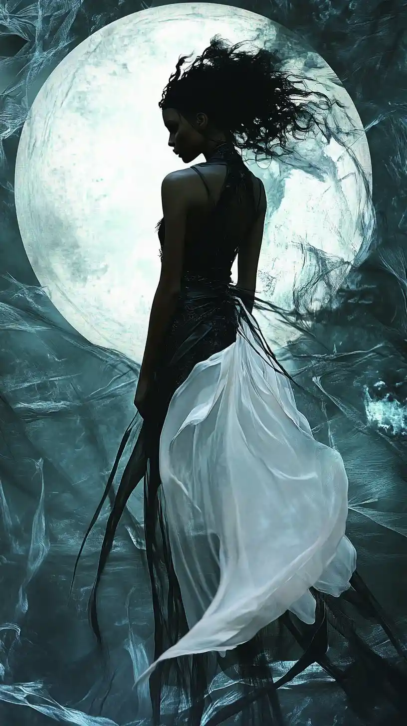 Jeune femme dark fantasy dans un royaume mystique hanté