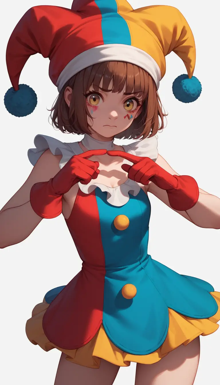 Worried anime jester girl with red eyes in dark archway