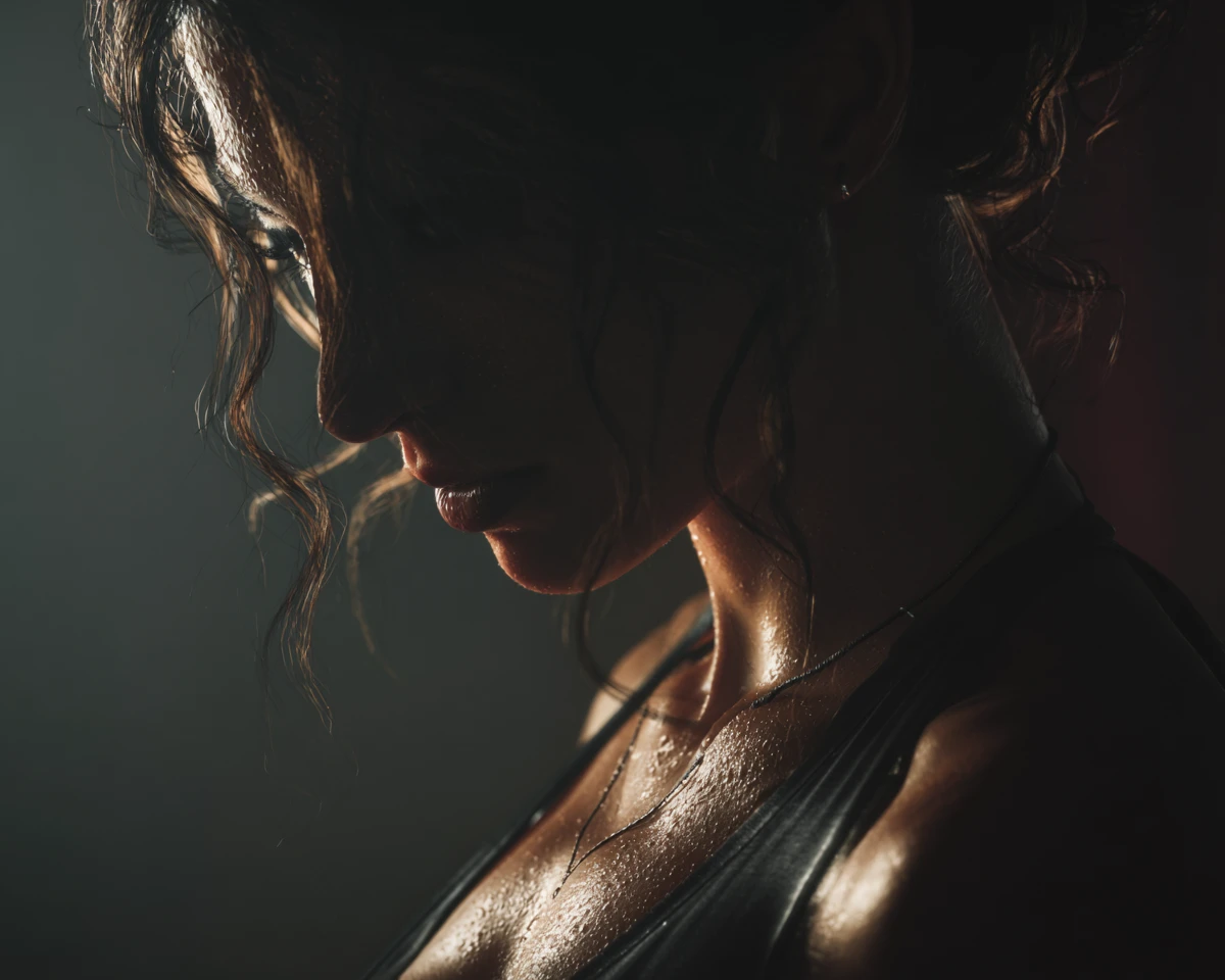 Cinematic side view of a woman in a moody fantasy scene