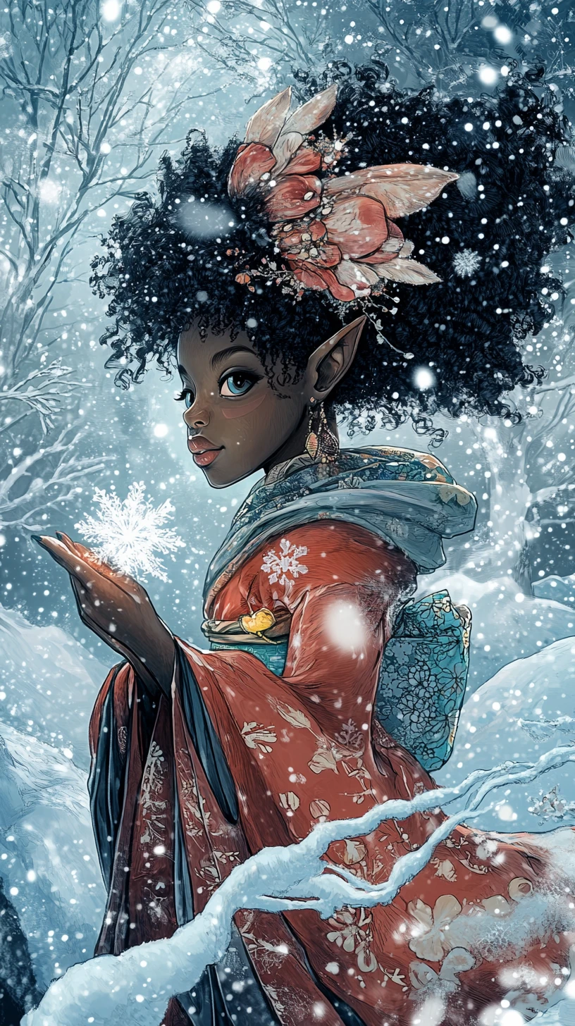 Fantasy pixie woman in an enchanted snowy landscape