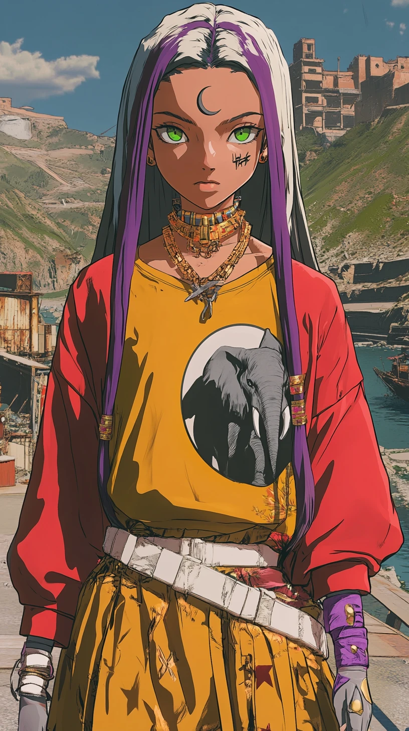 Anime-Mädchen mit bunten Haaren spaziert an einer Flussburg entlang