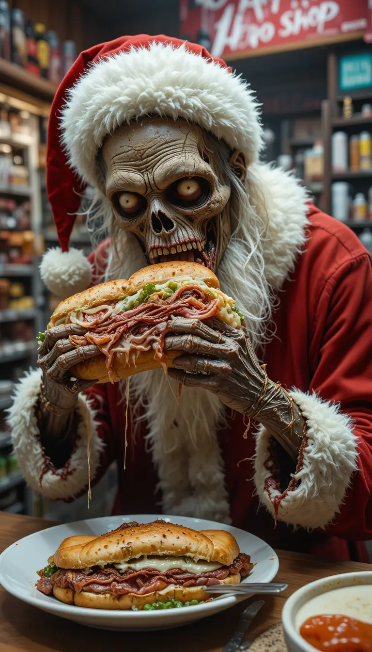Zombie Santa eating a submarine sandwich in a deli shop