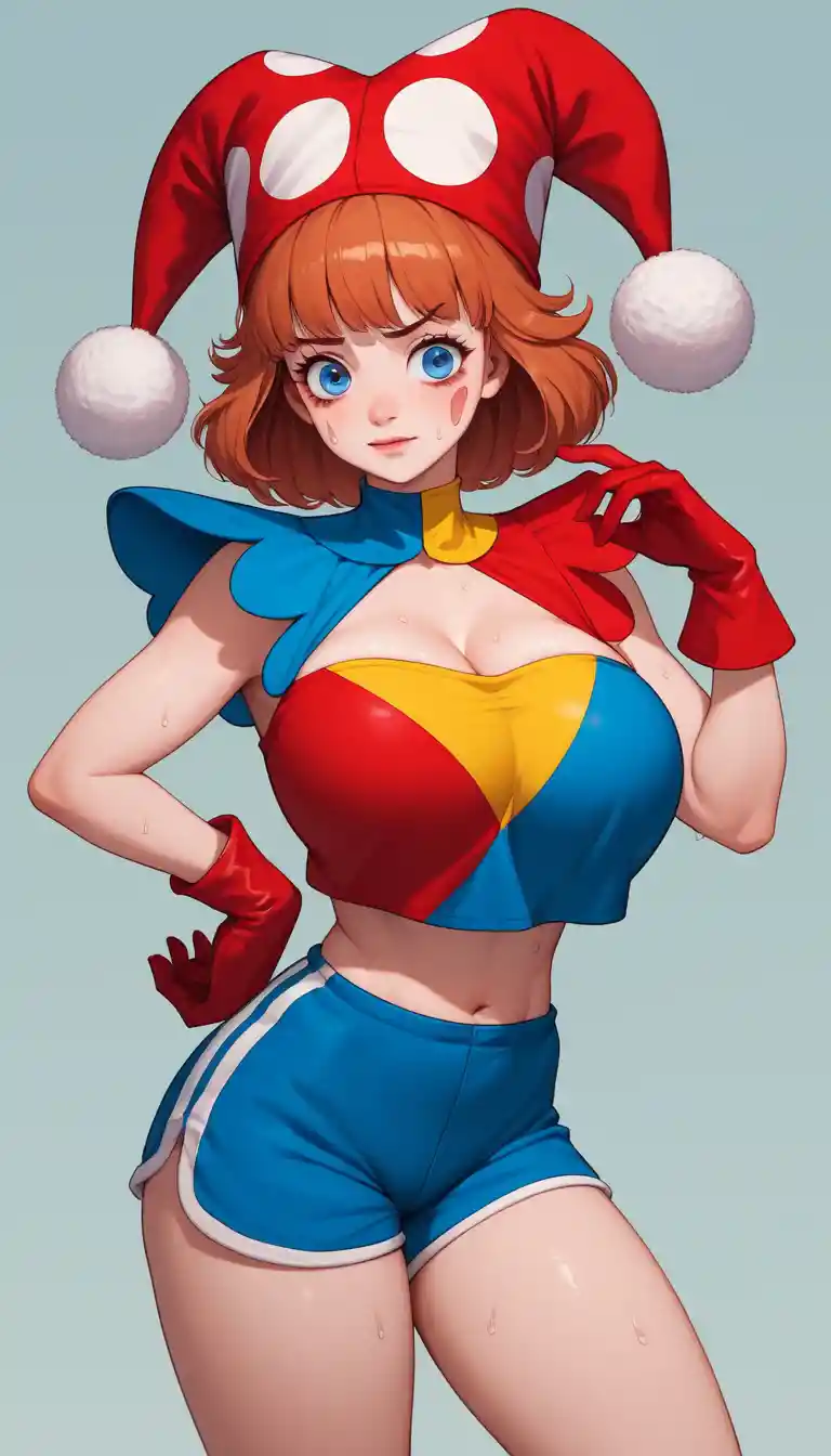 Cute anime jester girl with red eyes in dark archway