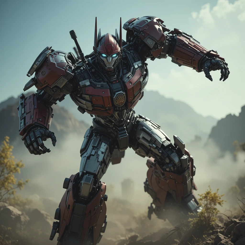 Cinematic maroon mecha fighter built from muscle car parts