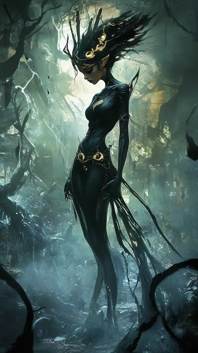 Jeune fille noire fantastique dans un monde mystique hanté