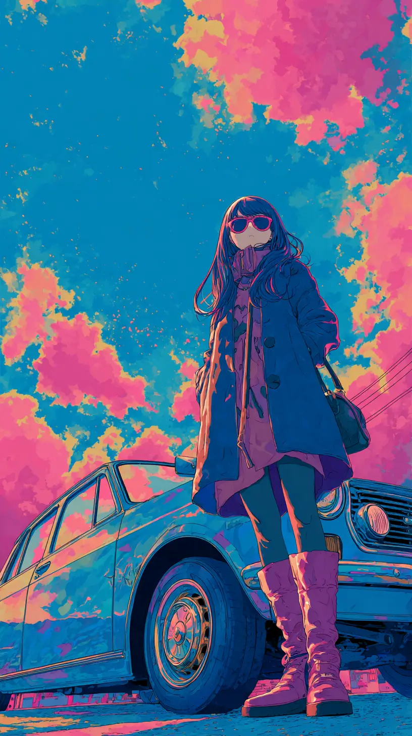 Anime girl in winter fashion beside a retro city car