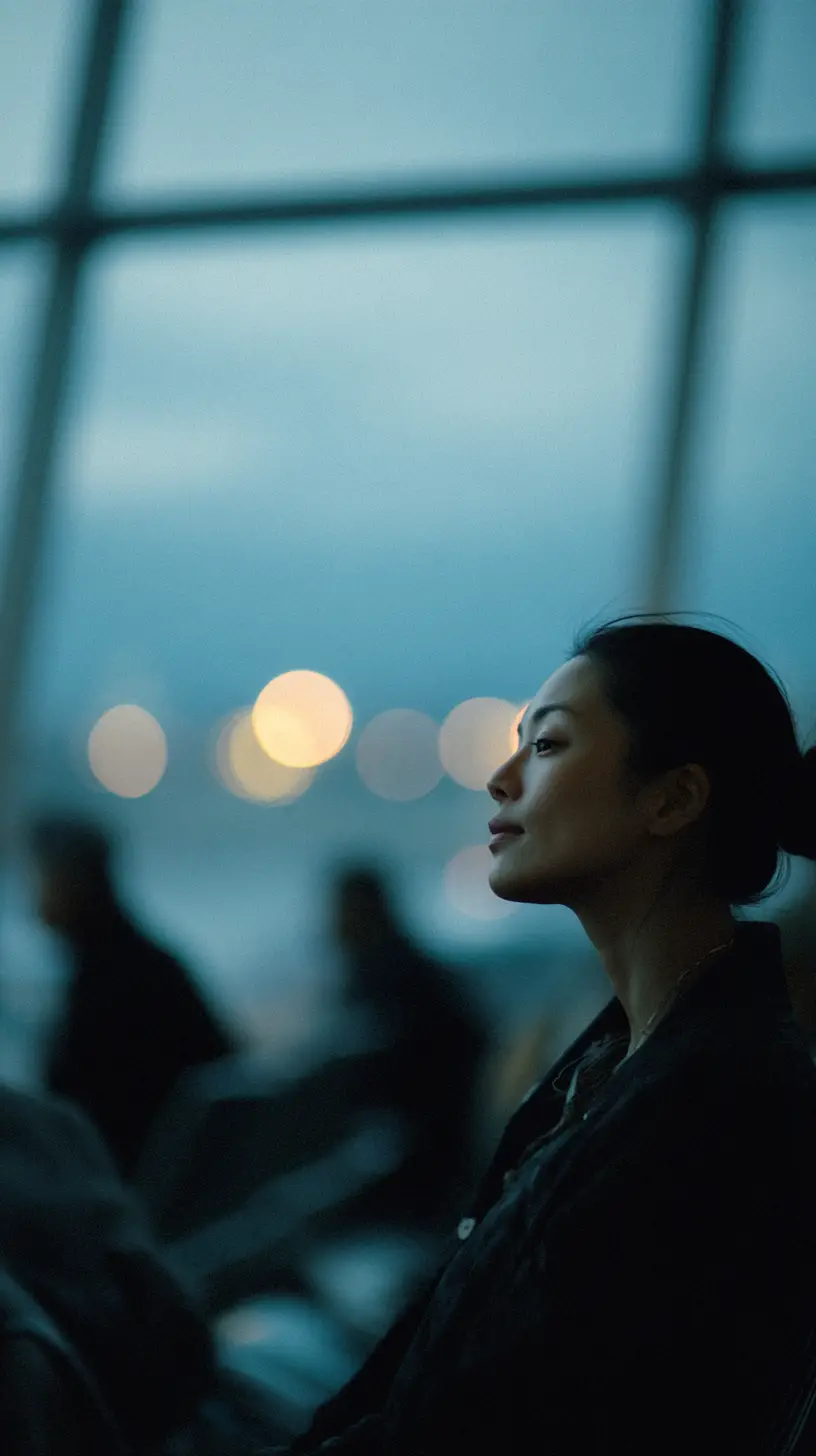 Calm Asian woman sitting by large window at JFK airport