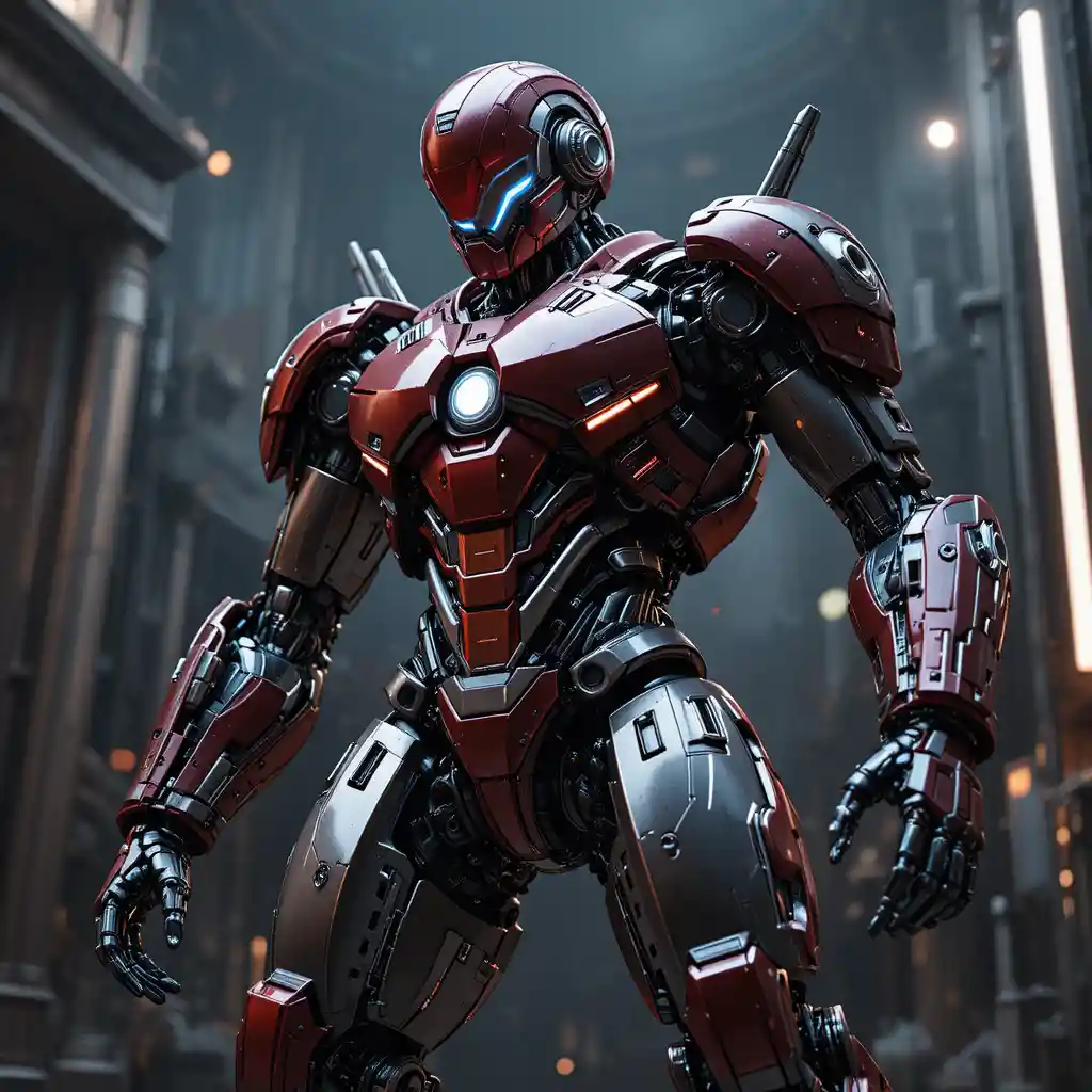 Futuristic red combat robot in powerful battle stance