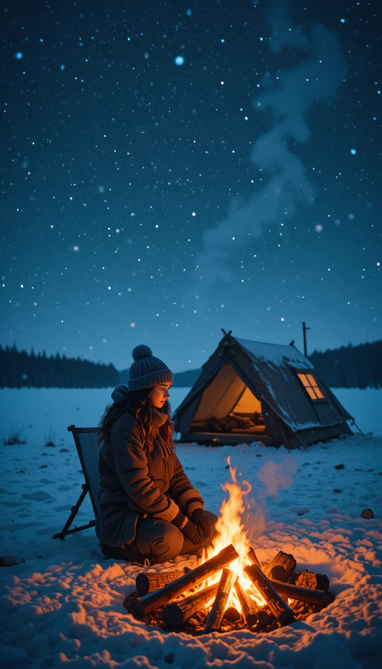 Girl by a campfire on a calm snowy winter night