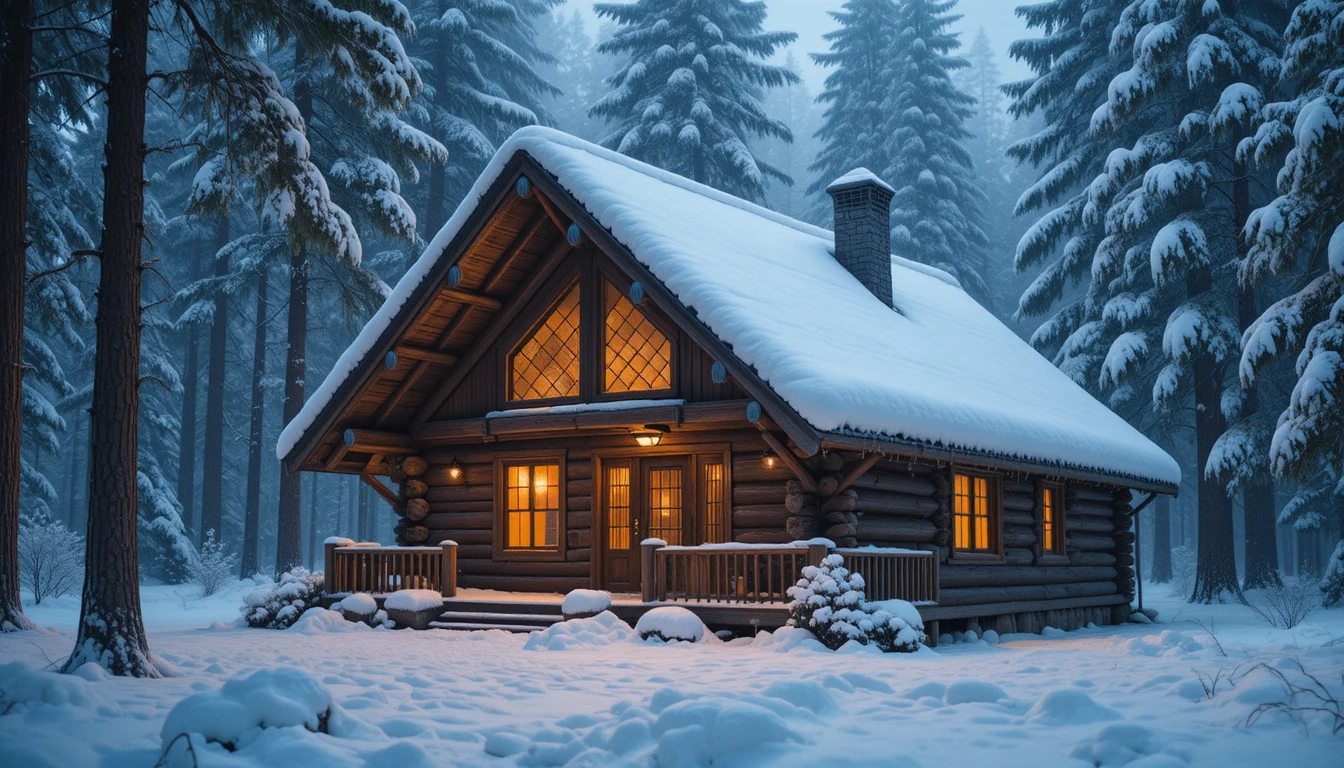 Gemütliche schneebedeckte Hütte, die warm im Winterwald leuchtet