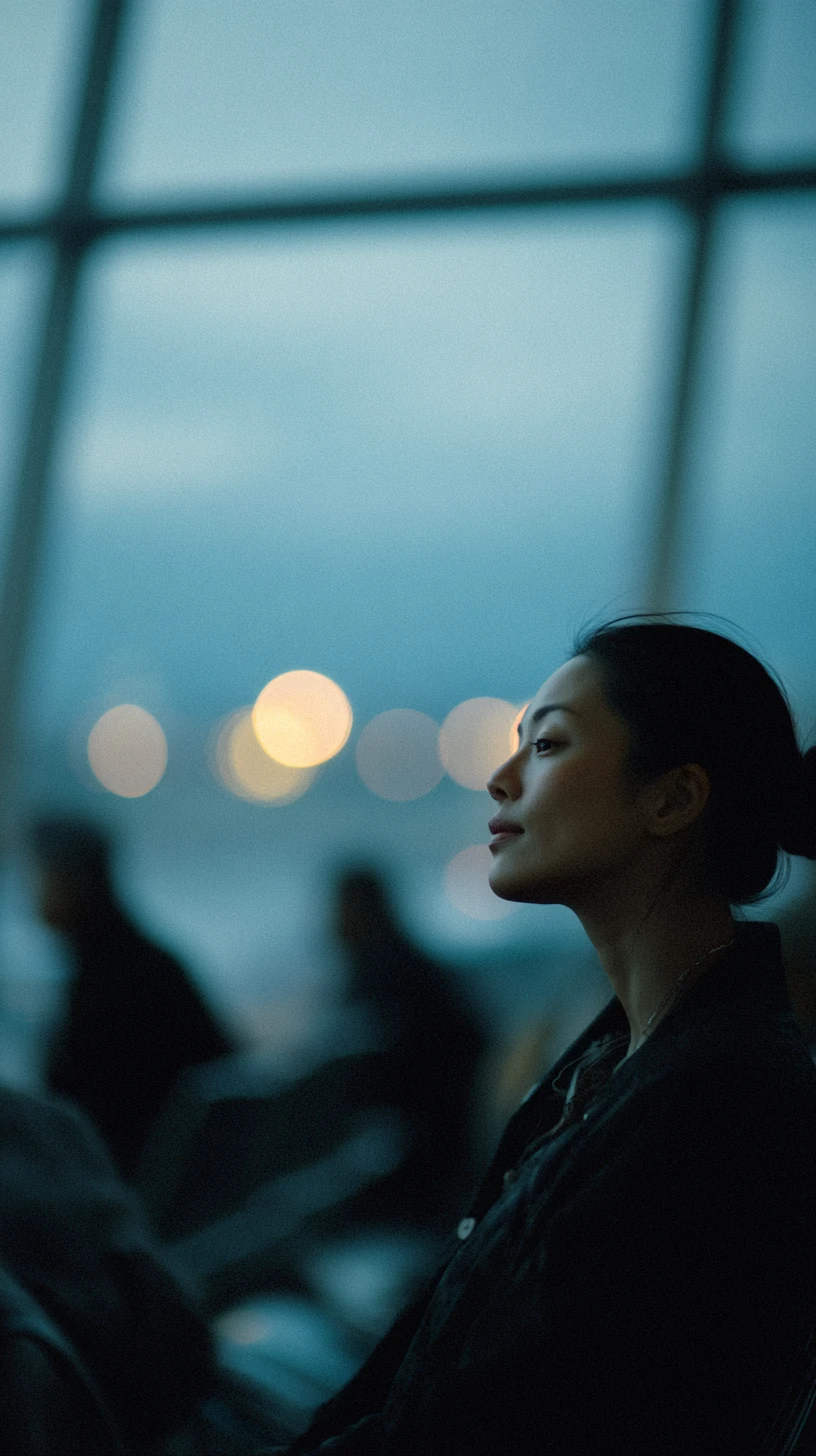 Calm Asian woman sitting by large window at JFK airport